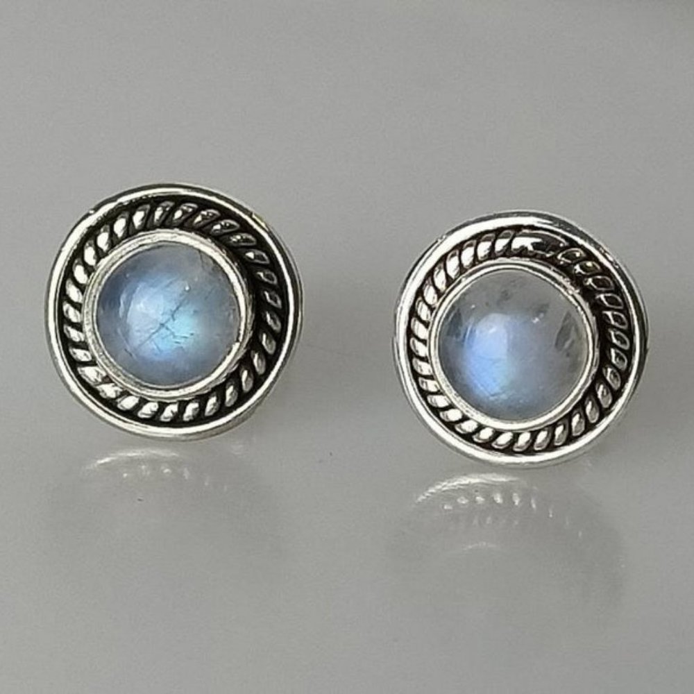 Genuine MOONSTONE Gems SOLID 925 Oxidized SILVER Big Bohemian Stud Earrings - Picture 1 of 7